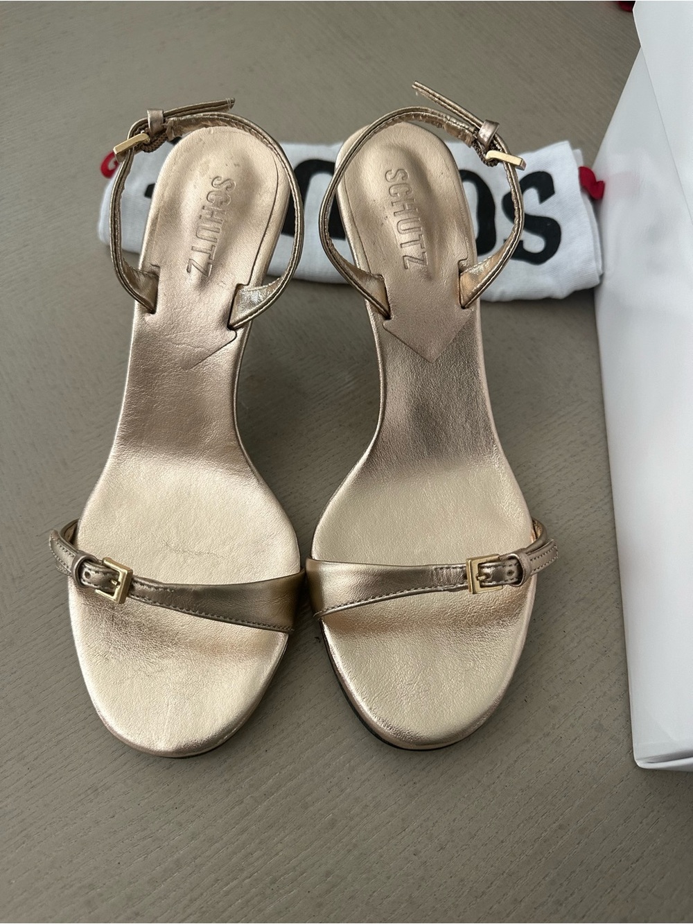SCHUTZ Metallic Gold Ankle Strap Sandals